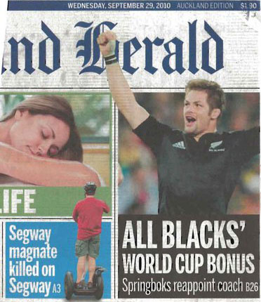 Clipping of NZ Herald frontpage by Rugby15 fan Jean Craven
