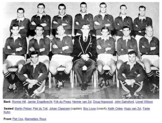 1961 Springbok team against Australia featured threePaarl Boys’ High old boys. Piet Du Toit and Mannetjie Roux as players and Oom Boy Louw as the coach