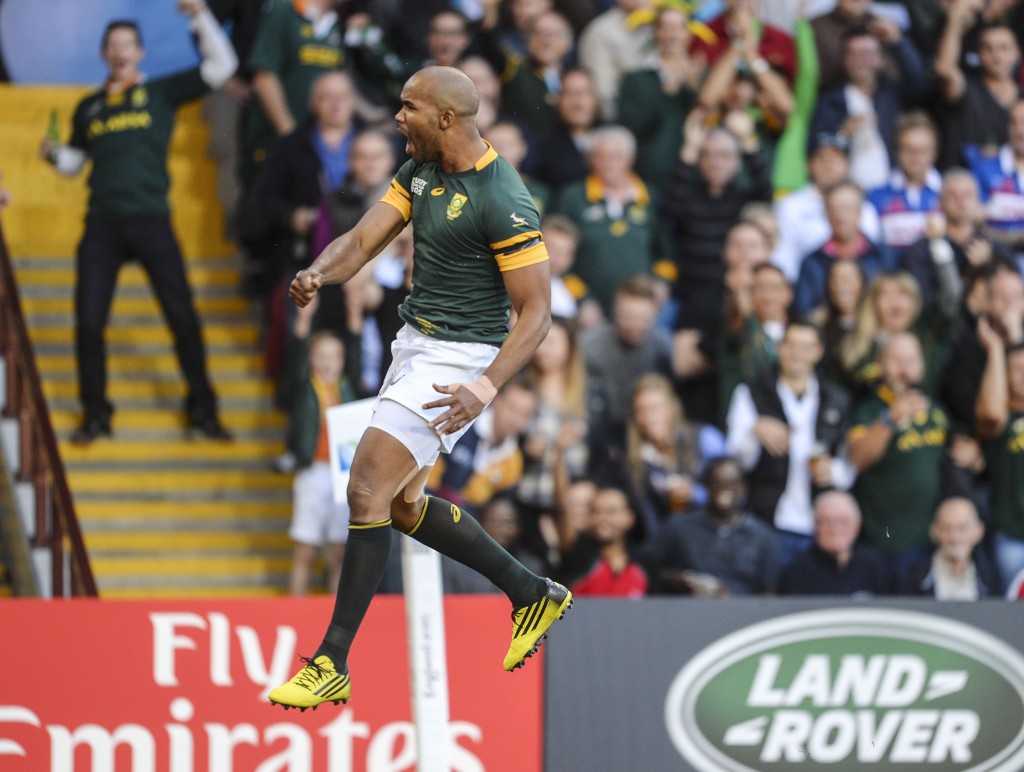 JP Pietersen of South Africa reacts after scoring a try during the 2015 Rugby World Cup rugby match between South Africa and Samoa at Villa Park, in Birmingham, England, on September 25, 2015 ©Barry Aldworth/eXpect LIFE